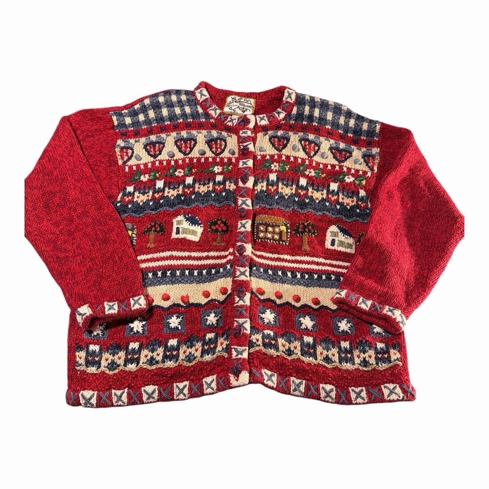Heirloom Collectibles cardigan XL red cottage house embroidered sweater Vintage